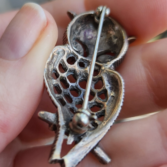 Vintage Silver Tone Owl Brooch With Turquoise Colored Eyes - Picture 4 of 6
